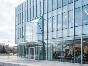 Modern architectural shot of a bright university library facade with clean glass panels, soft natural daylight, shallow depth of field, cool blue undertones.