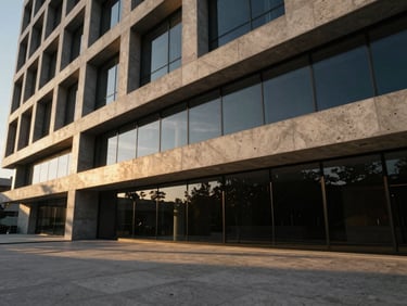 Wide-angle architectural render of a futuristic concrete and glass building facade at golden hour, dramatic shadows, warm travertine tones, 35mm