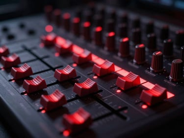Tight close-up of an FL Studio mixer track with glowing red faders, shallow depth of field, cinematic studio lighting.