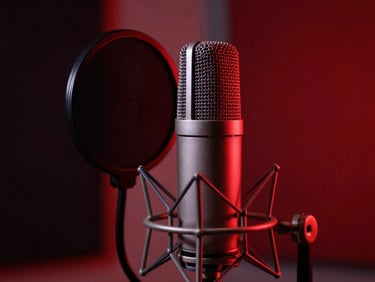 Close-up of a high-end condenser microphone in a vocal booth with moody crimson backlighting.