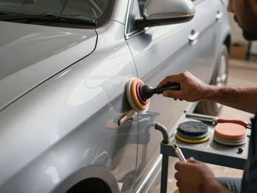 Car exterior being hand-polished in a workshop bay, midday natural light catching the paint surface, detailing tools and buffing pads on a nearby trolley, organized workspace in Nakodar