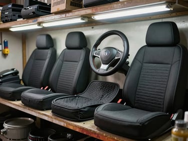 Close-up of car accessories on a workshop shelf — seat covers, floor mats, and steering wheel covers neatly arranged under practical overhead fluorescent light, Nakodar workshop setting