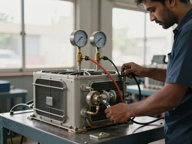 Car AC unit being inspected on a workbench, refrigerant gauges connected, bright natural daylight through workshop windows, practical hands-on setting in a Nakodar service bay