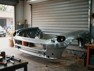 Workshop workbench with car body panels and bumper sections leaning against a wall, natural daylight from an open shutter, tools visible in the foreground, organized Nakodar auto shop