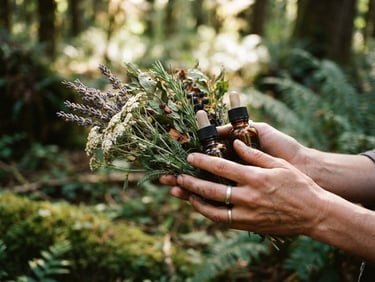 Close-up of hands gently holding wild-harvested botanicals and amber glass bottles, soft natural sunlight, shallow depth of field, 35mm
