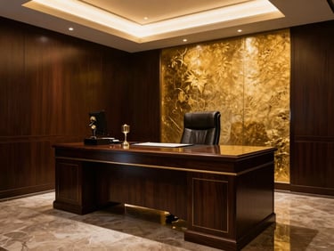 Wide shot of a secure, luxurious private consultation office, elegant dark wood desk, warm golden reflections, professional institutional atmosphere