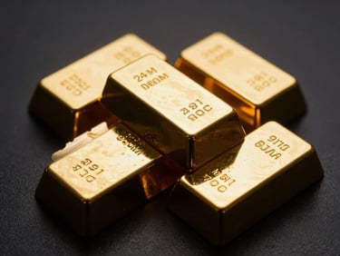 Macro shot of physical 24-karat gold bullion bars with stamped serial numbers, arranged geometrically on a dark reflective surface, dramatic spotlighting, deep shadows