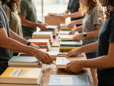 Eye-level shot of people organizing donated books and school supplies at a community resource drive, hands sorting items, focused expressions, warm editorial photography, natural indoor daylight.