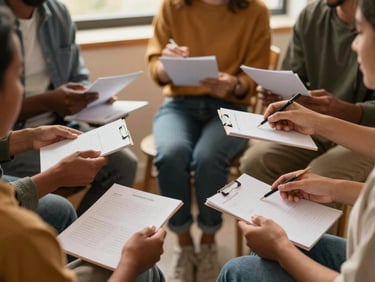 Medium shot of diverse hands exchanging notes and ideas during a collaborative planning session in a community center, warm editorial photography, natural diffused indoor daylight.