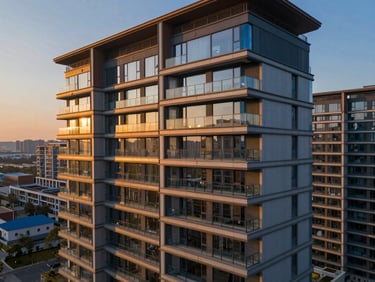 Modern high-rise residential building with sleek glass balconies, aerial drone perspective, twilight sky background, sharp details