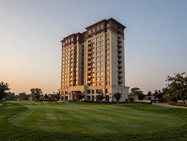 Wide-angle architectural photograph of a luxury golf estate residential tower in Gurugram, manicured green fairways in foreground, twilight lighting