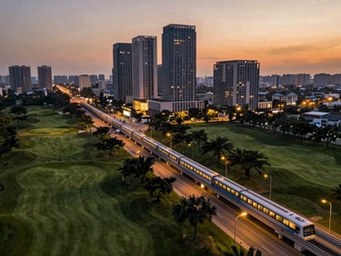 Aerial panoramic view of Golf Course Road at dusk, showing modern high-rises and the rapid metro line illuminated by streetlights.