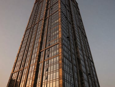 Wide-angle architectural elevation of a modern commercial glass tower in Gurugram, twilight lighting, sharp structural details, premium real estate