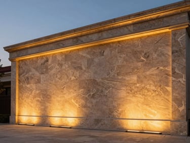 Low-angle shot of a bespoke low-rise builder floor facade, premium limestone finish, twilight lighting.