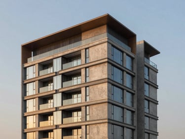 Crisp architectural twilight shot of Elan The Presidential, Gurugram, clean geometric concrete and glass lines, premium real estate development