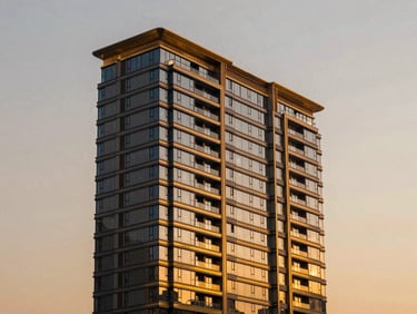 Twilight architectural elevation of a super-luxury high-rise residential tower on Golf Course Road, warm golden lights reflecting off glass facades, clean structural lines.