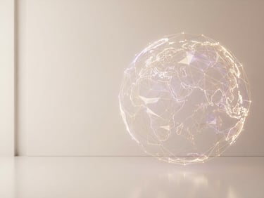 Minimalist 3D render of an abstract global network, interconnected geometric lines and subtle glowing nodes, soft warm studio light, ivory and violet tones, clean architectural composition, ultra-premium, expansive negative space to the left.