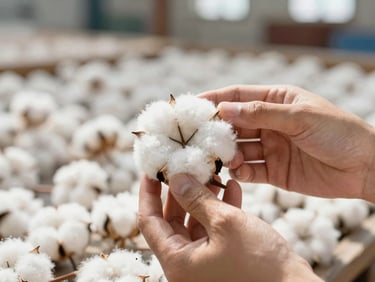 Close-up macro shot of hands inspecting raw cotton fibers in a bright, sunlit warehouse, professional editorial photography, sharp focus, 35mm.