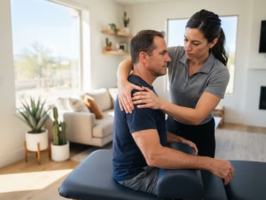Professional physical therapist performing joint mobilization with a client in a bright, modern living room, natural Arizona sunlight streaming in, shallow depth of field.