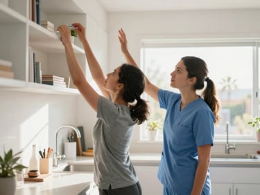 Professional physical therapist observing a client reaching for a high shelf in a bright, modern kitchen, natural Arizona sunlight streaming in, medium shot.