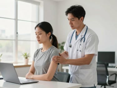 Professional physical therapist guiding a client on proper sitting posture at an office desk, laptop visible, clean modern office with natural light, medium shot.