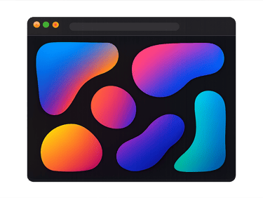 A desktop browser mockup displaying a dark interface with vibrant colorful abstract organic shapes.