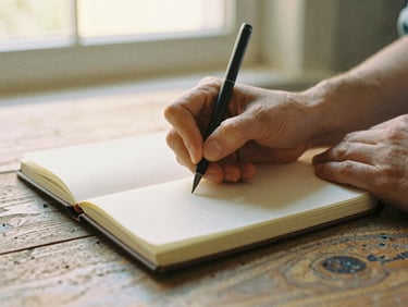 A close-up of hands writing in a linen-bound journal on a rustic wooden table, warm golden-hour window light, shallow depth of field, 35mm film