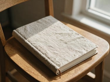A textured linen journal resting on a wooden chair, soft natural daylight.