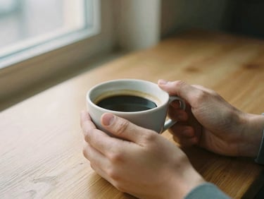 Close-up of hands holding a warm cup of coffee on a wooden table, soft window light.