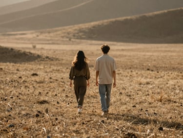 Two people walking in a sunlit natural landscape, warm earthy tones.