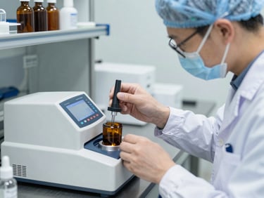 A laboratory technician in clean gear using a digital viscometer to test a cosmetic formula, sharp focus, 35mm lens