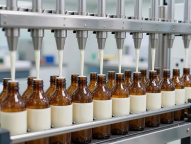Automated packaging line filling amber bottles with white cream, motion blur on the nozzle, bright clinical warehouse setting