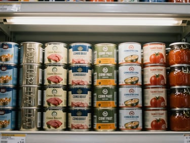 Close-up overhead shot of neatly stacked canned goods — sardines, corned beef, and tomato sauce tins arranged in rows on a warehouse shelf under bright fluorescent light, labels facing forward, packaging detail sharp