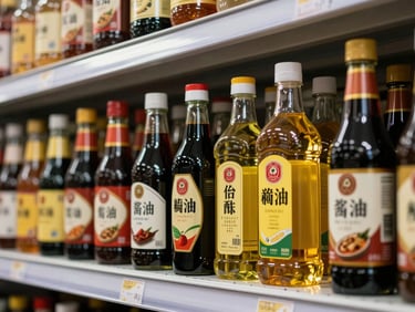 Close-up of condiment jars and bottles lined up on a warehouse shelf — soy sauce, vinegar, cooking oil, and fish sauce in bulk packaging under sharp fluorescent light, labels facing forward