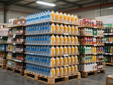 Wide environmental shot of beverage cases stacked on warehouse pallets — bottled water, juice boxes, and softdrink cartons under bright overhead lighting, organized by brand, labels visible, scale emphasized
