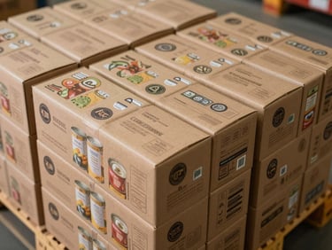 Close-up overhead shot of stacked product cartons on a warehouse pallet — rows of uniform brown and branded boxes of canned goods and beverage cases aligned tightly, shot under bright utilitarian fluorescent lighting with hard shadows emphasizing volume and order, no people