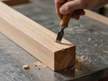 Close-up of hands using a traditional chisel to carve a clean joint in a light oak beam, fine wood shavings on the dark steel workbench, soft side light highlighting the wood grain.