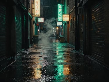 Cinematic wide shot of a rain-slicked alleyway at night, neon green and amber signs reflecting in deep puddles, steam rising from a grate.