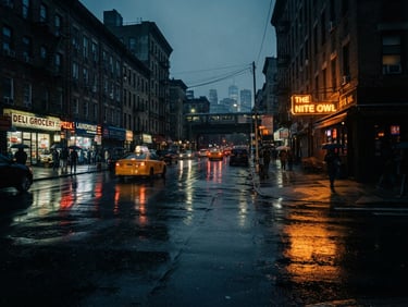 Cinematic wide shot of rain-slicked Brooklyn street at night, neon amber sign reflection in wet asphalt, heavy analog film grain, 35mm anamorphic