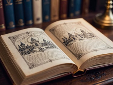 Close-up of an open, leather-bound fantasy novel with intricate illustrations, pages aged parchment, warm library lamp lighting, shallow depth of field, deep blue and gold tones.