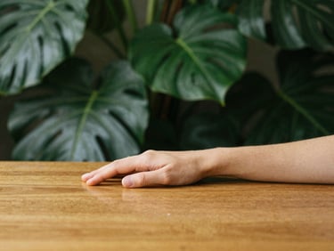A single hand resting gently on a polished wooden surface, surrounded by a subtle glow of light, serene interior, deep botanical greens and gold tones, shallow depth of field, 35mm.