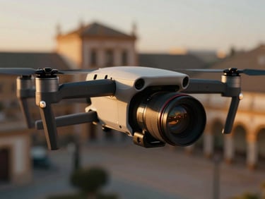 Cinematic close-up of a professional drone camera gimbal, golden hour light reflecting on the lens, Sevilla architecture blurred in the background, 35mm lens