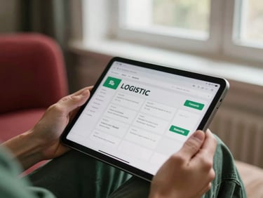 Close-up of hands on a tablet, reviewing a complex logistics dispatch interface, soft natural light, matte forest green accents.
