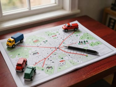 Overhead flat lay of a planning board with route maps and small toy trucks, a pen marking a new path, warm Scandinavian-style interior lighting.