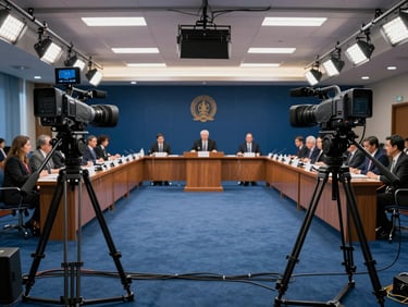 Wide environmental shot of a government hybrid meeting setup, professional PTZ cameras mounted on tripods facing a podium with officials seated at a long table, broadcast-grade lighting rigs overhead, control cables running across the floor in sharp foreground detail, deep blue-steel venue atmosphere