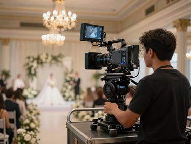 Close-medium shot of a broadcast camera operator framing a wedding ceremony hall from a raised platform, camera rig in sharp foreground with follow-focus mechanism visible, warm tungsten chandelier light in the background illuminating the venue, cables and monitor visible on the operator's cart