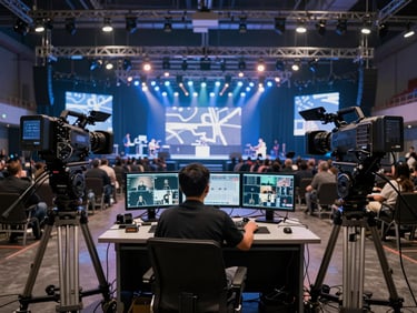 Wide environmental shot of a live broadcast setup inside a large event hall, multiple professional camera rigs positioned at different angles across a stage, broadcast operator at a central control desk reviewing live feeds on multiple monitors, venue lighting active with blue and white stage wash, no people looking at camera