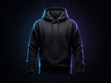 A hyper-realistic 3D garment mockup of a heavyweight black hoodie suspended in a dark studio, glowing neon blue backlights highlighting the fabric texture, 8k resolution.