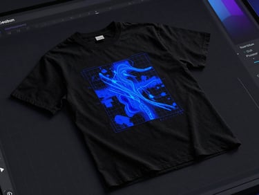 A high-contrast screenshot of a dark-mode digital design interface, mapping an electric blue graphic onto a black t-shirt, technical grid lines visible, premium aesthetic.
