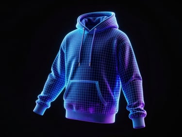 A technical 3D wireframe mesh of a streetwear hoodie floating in a dark studio, glowing neon blue grid lines mapping the fabric contours, high-contrast